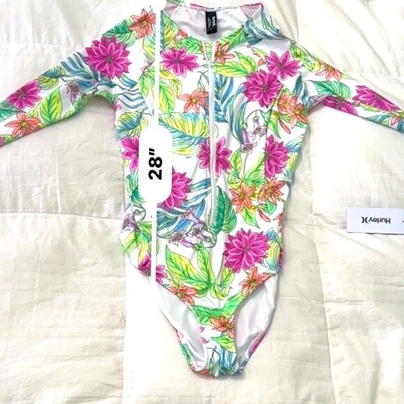 Hurley (NWT) Vibrant Pink, Green &Blue Floral Long Sleeve Swimsuit/ Rashguard-M - Picture 10 of 11